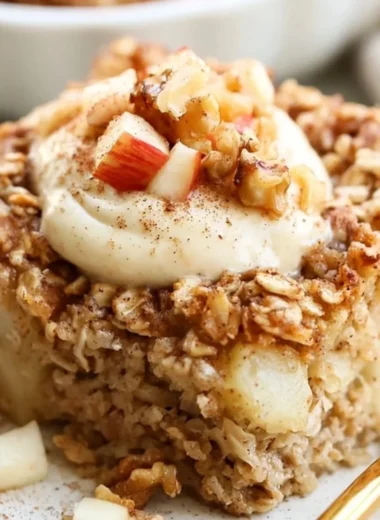 Apple Baked Oatmeal with Cinnamon served in a bowl, garnished with fresh apples.