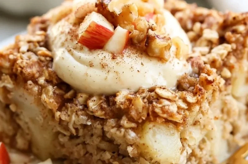 Apple Baked Oatmeal with Cinnamon served in a bowl, garnished with fresh apples.