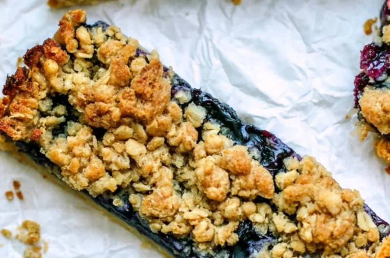 Brown sugar oatmeal breakfast bars with fresh blueberries on a plate.