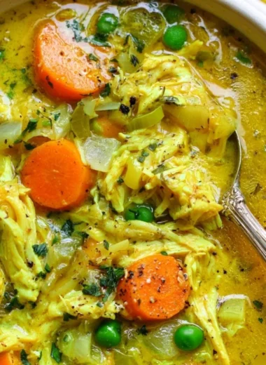 Bowl of anti-inflammatory chicken soup with turmeric and ginger