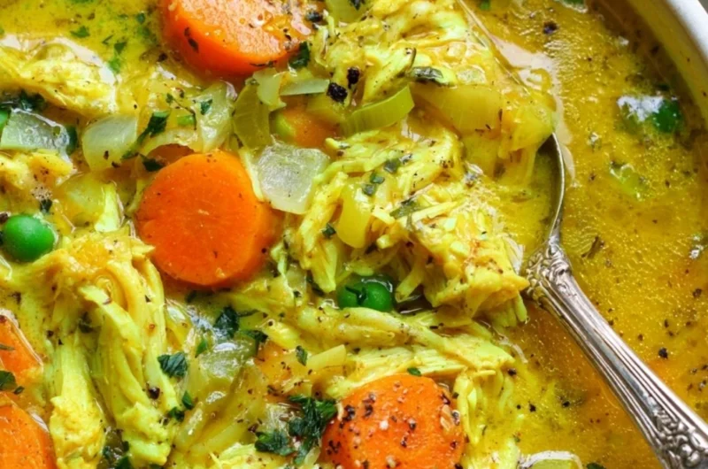Bowl of anti-inflammatory chicken soup with turmeric and ginger
