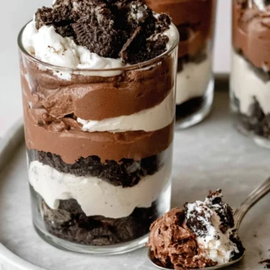 Delicious no-bake Chocolate Parfait layered with creamy chocolate and topped with berries