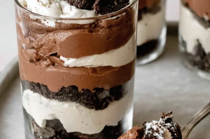 Delicious no-bake Chocolate Parfait layered with creamy chocolate and topped with berries