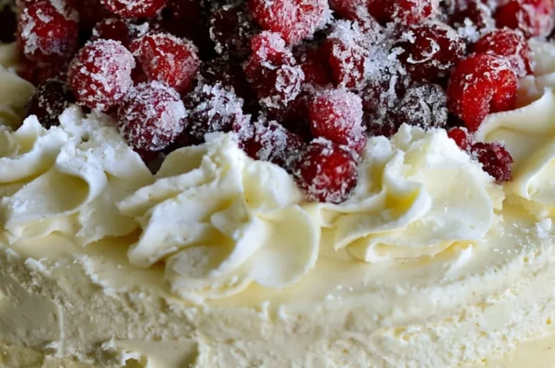 Christmas cheesecake with cranberry jam and white chocolate mousse topping