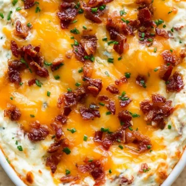 Cream cheese dip topped with bacon and cheddar cheese in a serving bowl