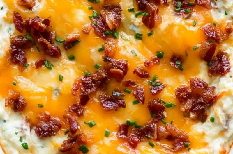 Cream cheese dip topped with bacon and cheddar cheese in a serving bowl