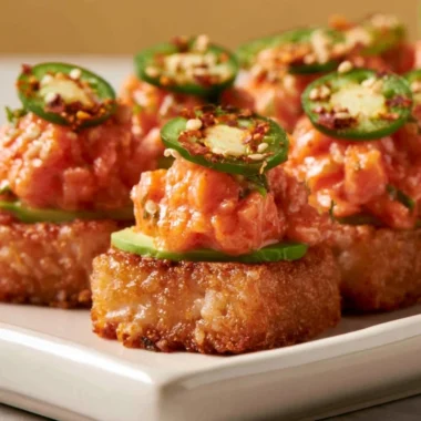 Crispy rice topped with spicy salmon, garnished with fresh herbs and sauces.