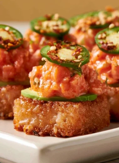 Crispy rice topped with spicy salmon, garnished with fresh herbs and sauces.