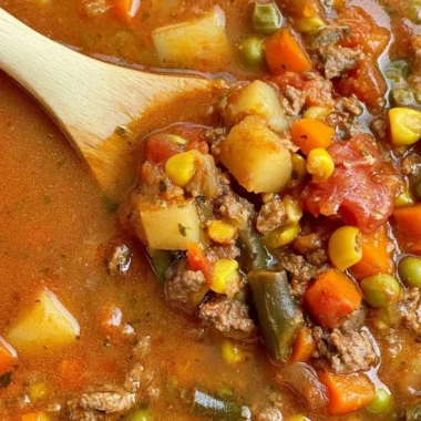 Bowl of delicious Hamburger Vegetable Soup with fresh ingredients and herbs.