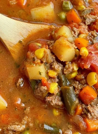 Bowl of delicious Hamburger Vegetable Soup with fresh ingredients and herbs.