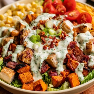 High protein chicken bacon ranch sweet potato bowl with fresh ingredients