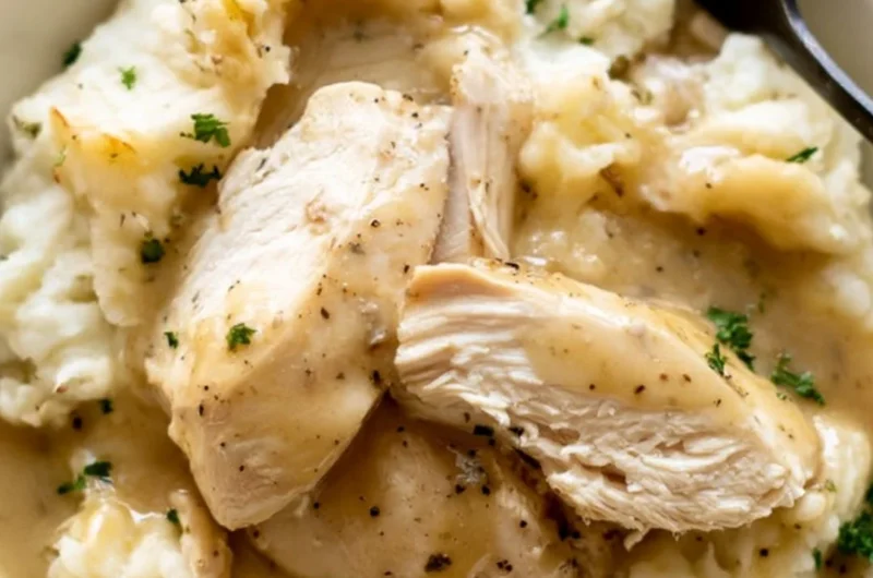 Instant Pot Chicken and Gravy served in a bowl with herbs and spices