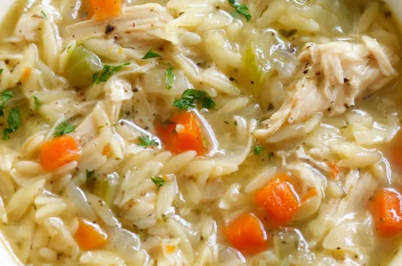 Bowl of Lemon Chicken Orzo Soup garnished with fresh herbs