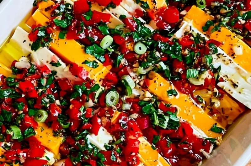 Delicious marinated cheese served as an appetizer with herbs and spices.