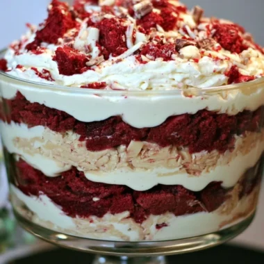 Delicious Red Velvet Trifle layered with cake and cream