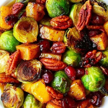 Roasted butternut squash and Brussels sprouts topped with pecans and cranberries