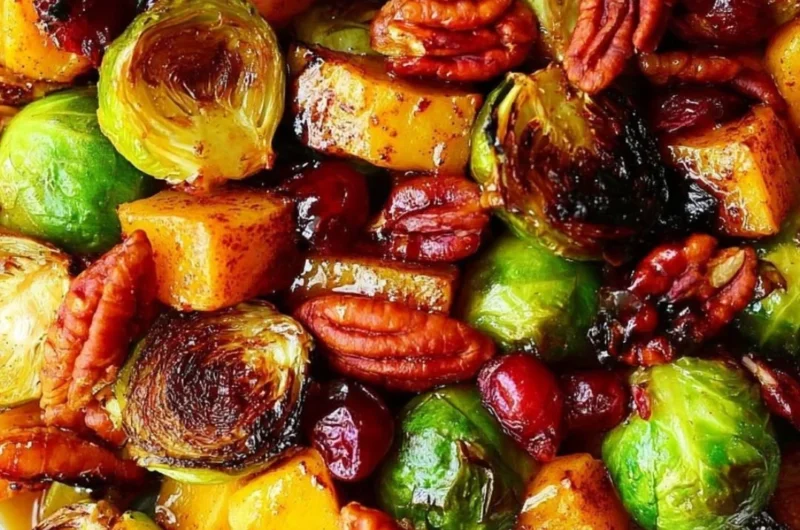 Roasted butternut squash and Brussels sprouts topped with pecans and cranberries