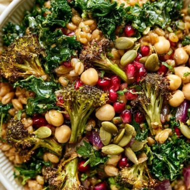 Winter farro and kale salad with colorful veggies in a bowl